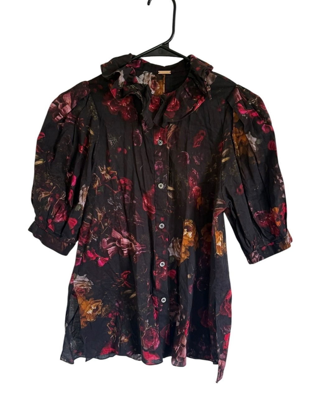 Adam Lippes Dark Floral Button-Up Blouse with Ruffle Collar
